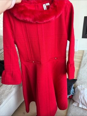 Janie and Jack Red Long-Sleeve Fit-and-Flare Dress with Faux-Fur Collar